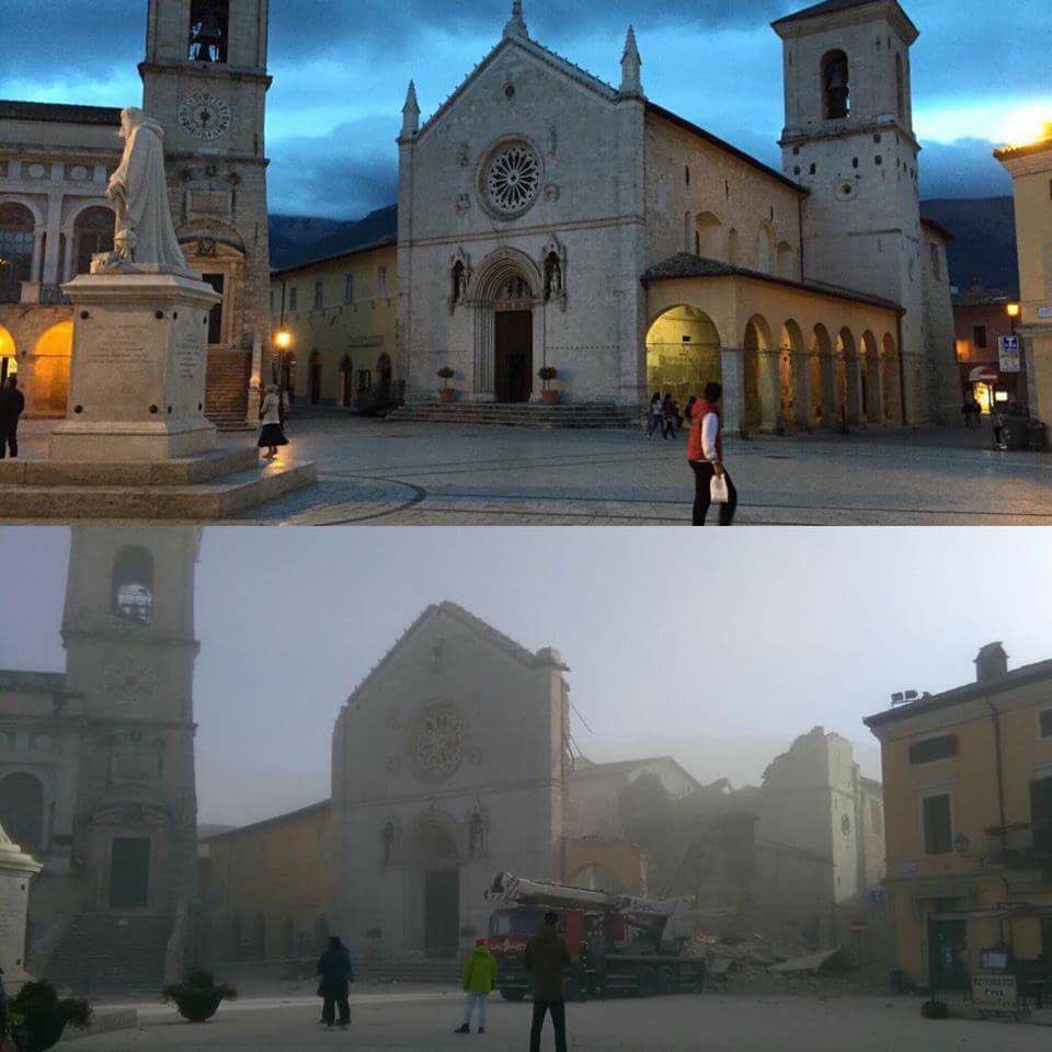 Basilika St Benediktus di Norcia, Italia sebelum dan sesudah gempa.