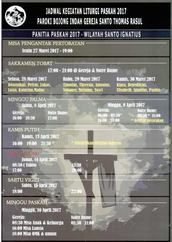 Jadwal Pekan Suci 2017 Paroki Bojong Indah, Gereja St Thomas Rasul, Keuskupan Agung Jakarta.